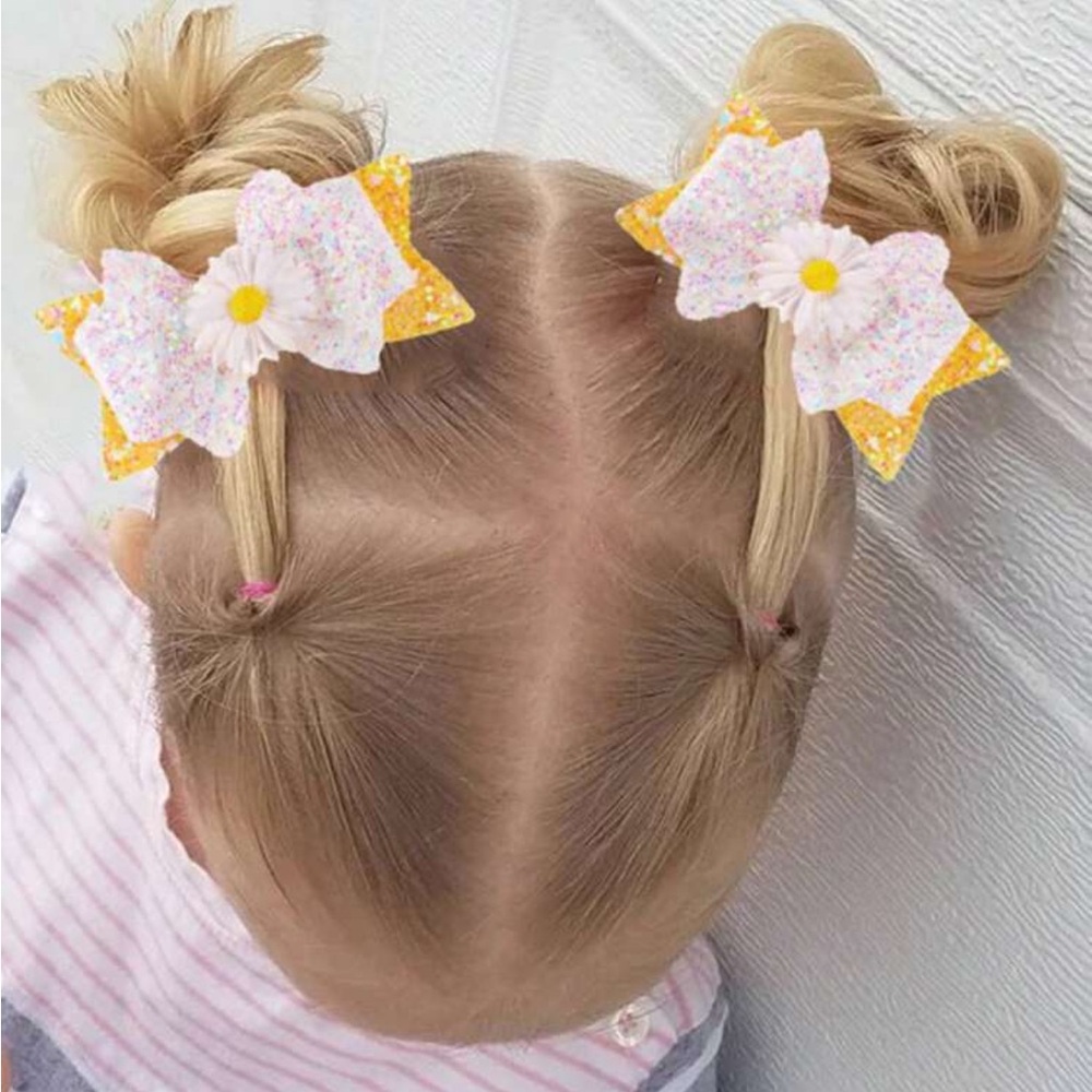 Daisy Flower Yellow & White Multicolor Glitter Hair Bow Alligator Hair Clips NEW